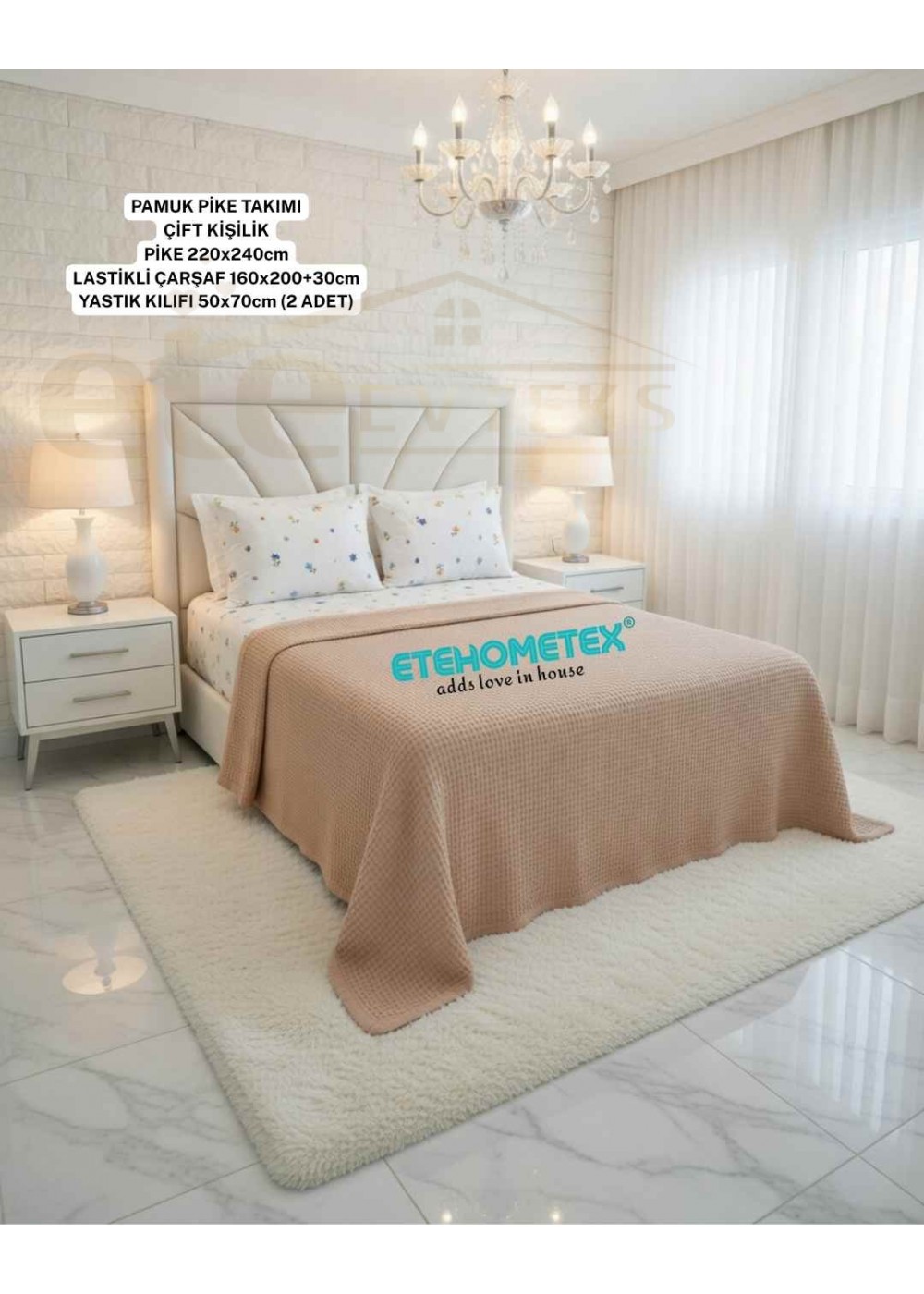 ETEHOMETEX ÇİFT KİŞİLİK %100 PAMUK HAVUZLU PİKE TAKIMI BEJ 8696474232071